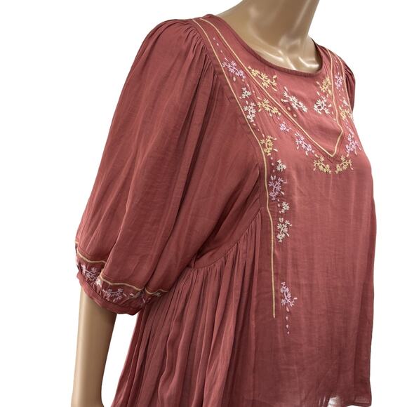 Anthropologie Dolan Pink Rose Embroidered Half Sleeve Top - Picture 7 of 13
